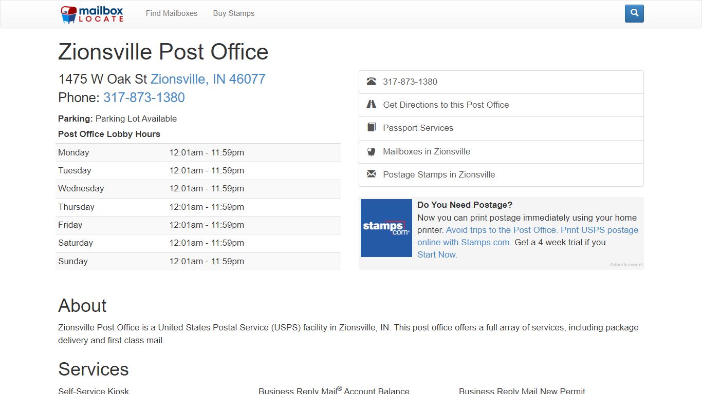 Zionsville Post Office - Mailbox Locate